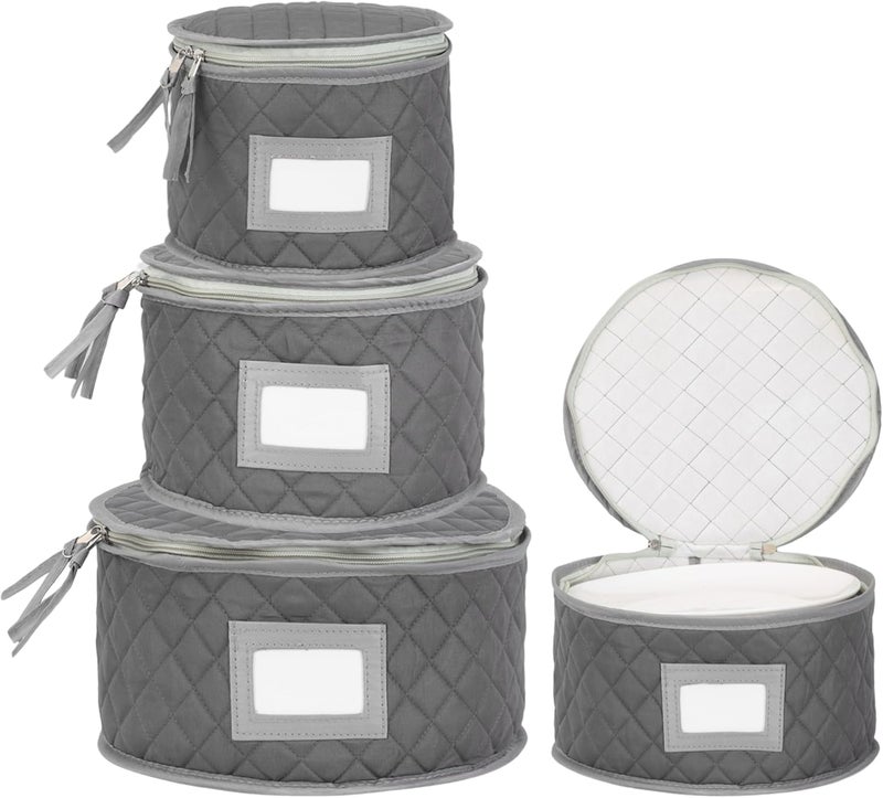 Stack Store Plus More Fine China Storage - Set of 4 Quilted Cases for Dinnerware Storage. Sizes: 12" - 10" - 8" and 7" Wide - Gray - 48 Felt Plate Separators Included - Image 1